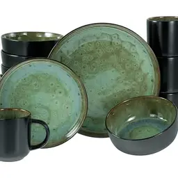 CreaTable Nordic Fjord Green, 16-teiliges Kombiservice aus Steinzeug, spülmaschinen- und mikrowellengeeignet