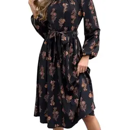 SweatyRocks Damen Midikleid mit Allover Muster, Langarm, Rundhals, Gürtel, Schwarz