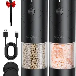 Sangcon Salz- und Pfeffermühle 2er Set, USB Wiederaufladbar, mit LED-Licht, Automatische Mahlung, Einstellbare Mahlstärke
