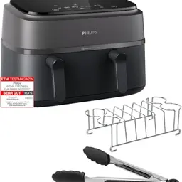 Philips Airfryer Dual Basket 3000 Series Heißluftfritteuse, 9L, 2 Körbe, RapidAir Plus, inkl. Frühstücksset