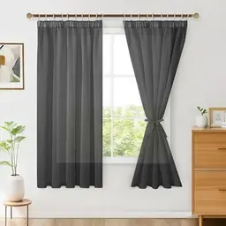 Hiasan 2er Set transparente Voile Vorhänge, 145x140cm, Schwarz, luftige Scheibengardinen für Wohnzimmer und Schlafzimmer