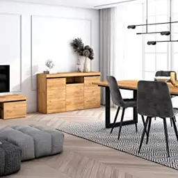 Skraut Home Wohnzimmermöbel-Set für 10 Personen | Tisch mit U-Beinen | Lowboard und Sideboard in Eiche und Schwarz