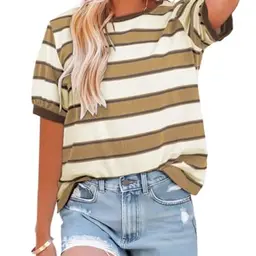 Cuptacc Damen T-Shirt Mode Rundhals Basic Farbblock Kurzarm Sommer Bunt Gestreift Khaki S