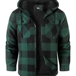 zitysport Herren Hemdjacke Kariert Fleece Gefüttert Kapuzenjacke Winterjacke mit Taschen (Grün, M)
