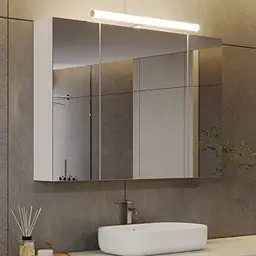 DICTAC Spiegelschrank mit Beleuchtung, Steckdose und 3 Türen, 80x16x60cm, Weiß