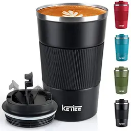 KETIEE Thermobecher 13oz/380ml Edelstahl - Auslaufsicherer Kaffeebecher To Go, Doppelwandig, Schwarz