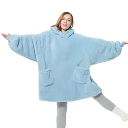 Bedsure Hoodie Decke mit Ärmeln - Tragbare warme Decke für Erwachsene, Hellblau, XXL