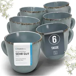 6-teiliges Steingut Tassen Set in Rauchblau, Rustic Landhausstil, hochwertiges Tee- und Kaffeebecher Set
