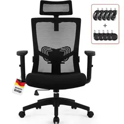 Daccormax Ergonomischer Bürostuhl mit verstellbarer Kopfstütze, Armlehnen, Lendenwirbelstütze, Dreh-, Wippfunktion bis 135°, Mesh, rückenschonend, 150 kg