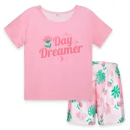 MHJY Mädchen Schlafanzug 2-teiliges Set mit Kurz-Shirt und Shorts, Größe 4-5 Jahre, Sommer Nachtwäsche