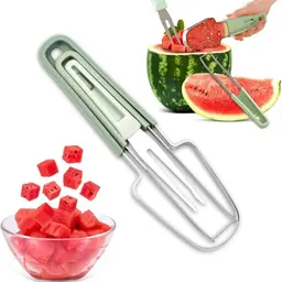 Wassermelonenschneider 3 in 1 aus Edelstahl mit Spitze und Fruchtgabel (grün)