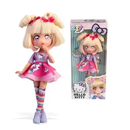 Hello Kitty Famosa Manga Puppe Candy Unicorn, 19,5 cm, Blonde Haare, mit Zubehör, rosa