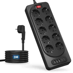 Steckdosenleiste 10-fach mit USB-C und Schalter, 3m, flach, schwarz - für Zuhause und Büro