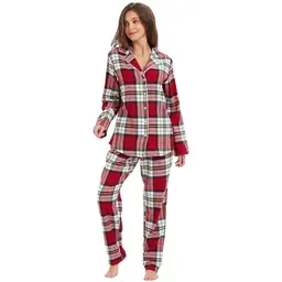 Mnemo Home Damen Schlafanzug Lang Pyjama 100% Baumwolle Karomuster Rot-weiß Schwarz-gelb Gr.M