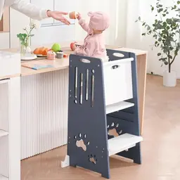 Kleinkind Tritthocker, höhenverstellbar, mit Sicherheitsbarriere und Kippschutz – stabil, blau-weiß, ab 1 Jahr