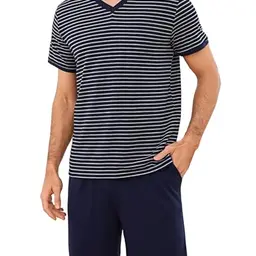 Bresdk Herren Pyjama Set Kurzarm Sommer Baumwolle V-Ausschnitt Nachtwäsche Marineblau Grau