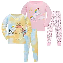 LOLPIP Mädchen Schlafanzug Set - Tie Dye Einhorn Nachtwäsche aus 100% Baumwolle, Langarm, 4 Teile für 3 Jahre