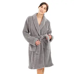 HOMELEVEL Damen Bademantel aus Kuschelfleece mit Taschen, Schalkragen und Gürtel – waschmaschinenfest