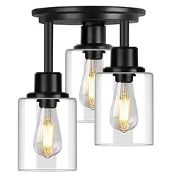 ROTTOGOON 3-Licht Semi-Flush Deckenleuchte, matt-schwarz, klare Glasschirmen, ideal für Flur und Eingangsbereich