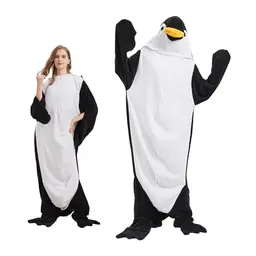 SHUOJIA Krokodil Decke mit Ärmeln und Hut für Erwachsene und Kinder, Tragbare Flanell Pyjamas, Penguin-Black, M