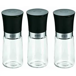 RÖSLE Gewürzmühlen-Set 3-tlg, Salz- und Pfeffermühlen mit Keramikmahlwerk, 14 cm, Transparent / Schwarz