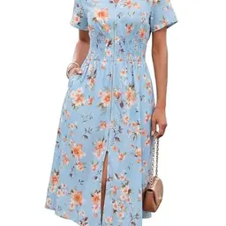 Grace Karin Damen Sommer Blumenkleid mit Taschen, A-Linie, V-Ausschnitt, Hellblau, Größe M