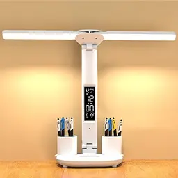 YNDD 7W LED Schreibtischlampe für Kinder, dimmbar, kabellos mit Uhr und Kalender, 3 Lichtfarben, weiß