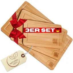 Holzwurm Schneidebrett 3er Set - Holzbrett mit Saftrillen, ideal für Frühstück und leicht zu reinigen