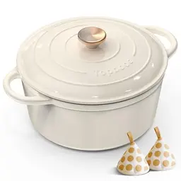Topbooc Gusseisen-Topf Brotbacken, 26cm, 5L Dutch Oven in Cremeweiß mit Deckel