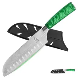 FULLHI Santoku Messer 7 Zoll - Japanisches Küchenmesser mit grünem Harzgriff und Schutzscheide