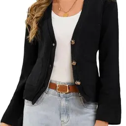 Damen Strickjacke Vintage V-Ausschnitt Langarm Cardigan mit Knöpfen und Taschen - Elegant Schwarz M