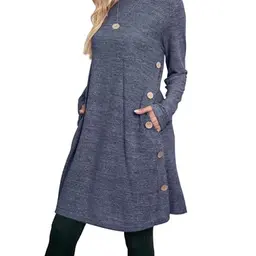 Aokosor Damen Langarm Strickkleid in Dunkelgrau mit Knöpfen und Taschen, Größe L