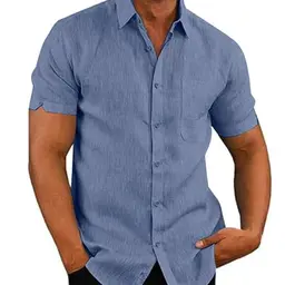 Herren Kurzarm Hemd Casual Slim Fit Baumwolle (Blau, M)