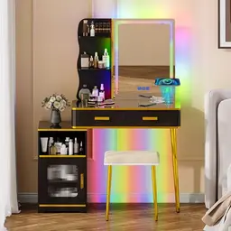 Lvifur RGB Schminktisch mit LED, Spiegel, Hocker und Schubladen für Schlafzimmer und Make-up (Schwarz)