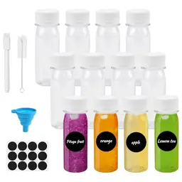 ADERTOS 12 Stück 60ml Saftflaschen - Mini Plastikflaschen für Saft, Smoothie, Milch und Whisky mit Trichter und Etikett