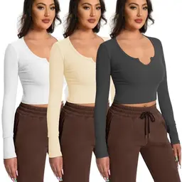 EBANKU 3er-Pack Damen Crop Top – Langarm, V-Ausschnitt, lässig & Basic