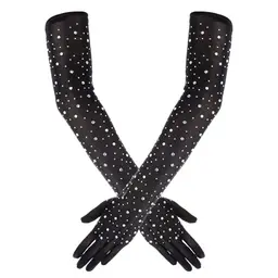 Lusofie Lange Schwarze Handschuhe mit Strass - Damen Kostüm Zubehör für Hochzeiten, Partys und Halloween