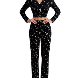 Gatamiau Damen 2er Set Langarm Pyjama mit V-Ausschnitt und hoher Taille, florale Schlafwäsche, bequem, schwarz