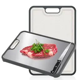 HI NINGER 2-in-1 Edelstahl Schneidebrett für Küche, leicht zu reinigen, mit Messer (38 × 27 cm)