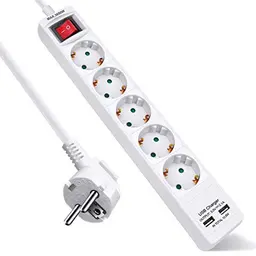 ExtraStar 5-Fach Steckdosenleiste mit 2 USB-Anschlüssen und Schalter, 1,5m Kabel, Weiß