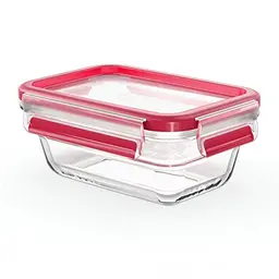 EMSA Clip & Close Glas Frischhaltedose, rechteckig, 0,45 L, 100% dicht, rutschfest, spül-, gefrier-, backofen- & mikrowellenfest, Rot & Transparent