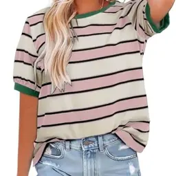 Cuptacc Damen T-Shirt Rundhals Basic mit Puffärmeln, groß, beige-rosa, stylish und bequem