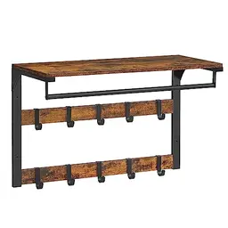 VASAGLE Wandgarderobe mit Ablage und 10 Haken für Flur, Schlafzimmer, Badezimmer - vintagebraun-schwarz