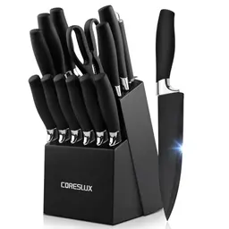 CORESLUX 15-teiliges Edelstahl Messerset mit Messerblock, ergonomischer Griff, scharf, antibakterielle Beschichtung, schwarz