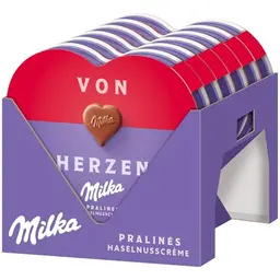 Milka I love Milka Pralinen – Herzförmige Schokolade mit Haselnuss-Nougat-Füllung – 12 x 44g