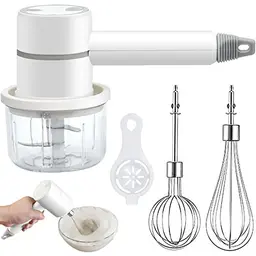 Kabelloser Handmixer Set mit Schneebesen und Knoblauchstampfer, USB Wiederaufladbar (Weiß)