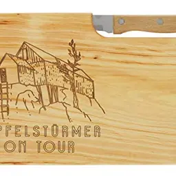 LASERHELD Brotzeitbrett aus Holz mit Gravur "Gipfelstürmer on Tour" & Messer, 26 x 15 cm – Frühstücks- und Jausenbrett, ideales Geschenk für Wanderer & Bergfreunde