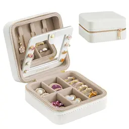 SONGMICS GISELLA Schmuckkästchen mit Spiegel - Tragbare Aufbewahrung, 11,4 x 11,4 x 5,5 cm, Wolkenweiß, Geschenkidee
