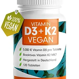 Vegan Vitamin D3 K2 120 Tabletten, hochdosiert (5000 IE D3, 200 mcg K2), lang haltbar, laborgeprüft