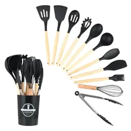 Wenrescry 12-teiliges Silikon Küchenutensilien Set, Hitzebeständig, Spülmaschinenfest, Ergonomisch, Schwarz